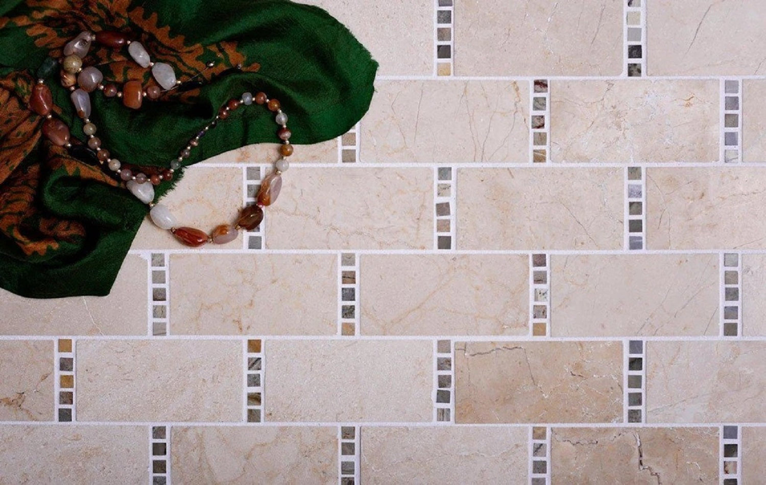 Sample - Stone Beige 12x13 Polished Crema Marfil, Dream Marble Brick Mosaic tile (5 pack, 5.28 sq ft/case)