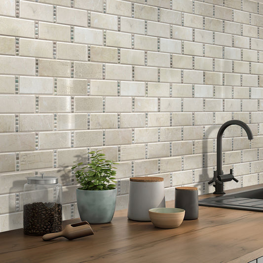 Stone beige 12x13 polished crema marfil marble brick mosaic tile in staggered pattern
