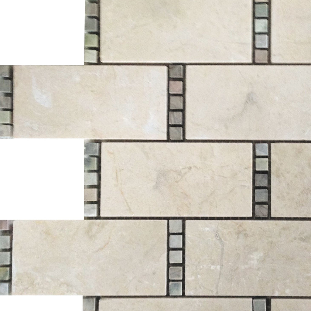 Sample - Stone Beige 12x13 Polished Crema Marfil, Dream Marble Brick Mosaic tile (5 pack, 5.28 sq ft/case)