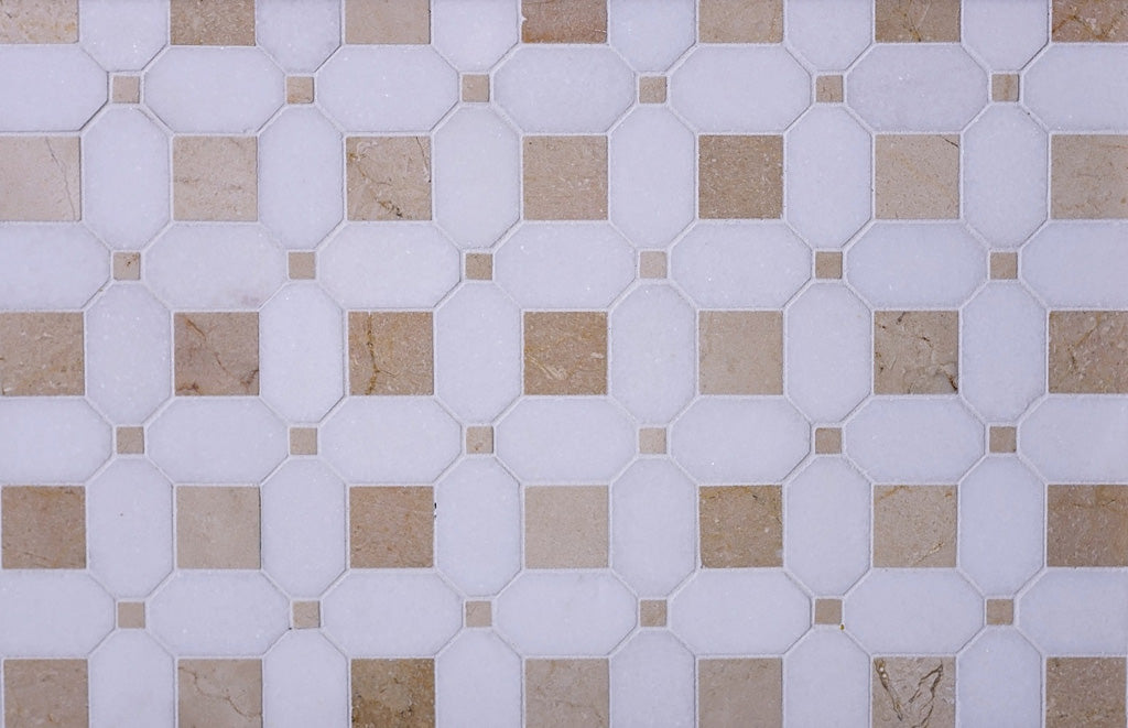 White Beige 12x12 Polished Multi-shaped Thassos Crema Marfil Mosaic Tile (5 pack, 5.17 sq ft/case) - Sample