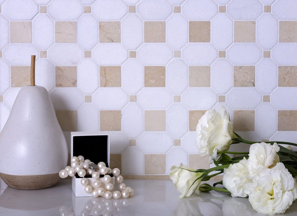 White Beige 12x12 Polished Multi-shaped Thassos Crema Marfil Mosaic Tile (5 pack, 5.17 sq ft/case) - Sample