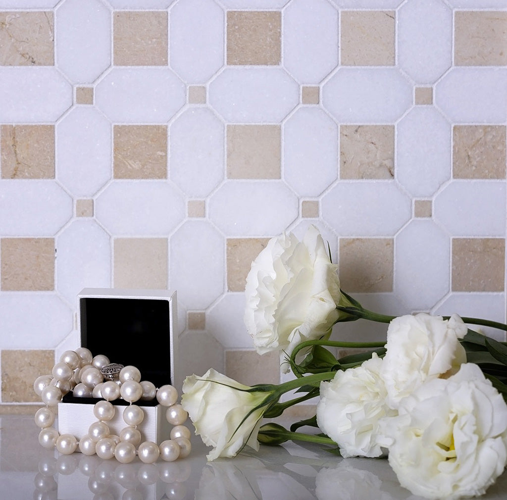 White Beige 12x12 Polished Multi-shaped Thassos Crema Marfil Mosaic Tile (5 pack, 5.17 sq ft/case) - Sample