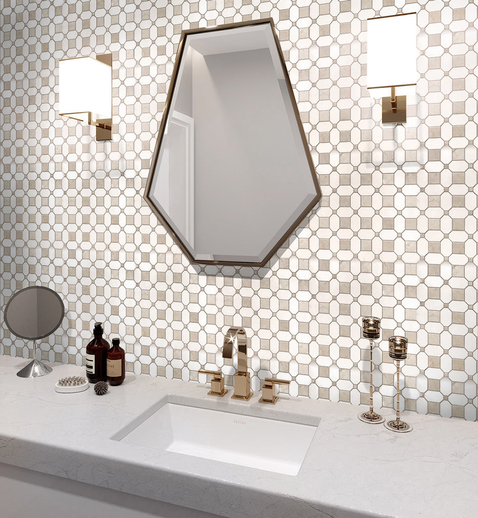 White Beige 12x12 Polished Multi-shaped Thassos Crema Marfil Mosaic Tile (5 pack, 5.17 sq ft/case) - Sample