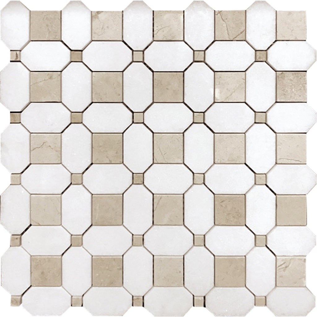 White Beige 12x12 Polished Multi-shaped Thassos Crema Marfil Mosaic Tile (5 pack, 5.17 sq ft/case) - Sample