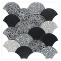 Black gray terrazzo and limestone fan fish scale mosaic tile with honed finish and mixed textures