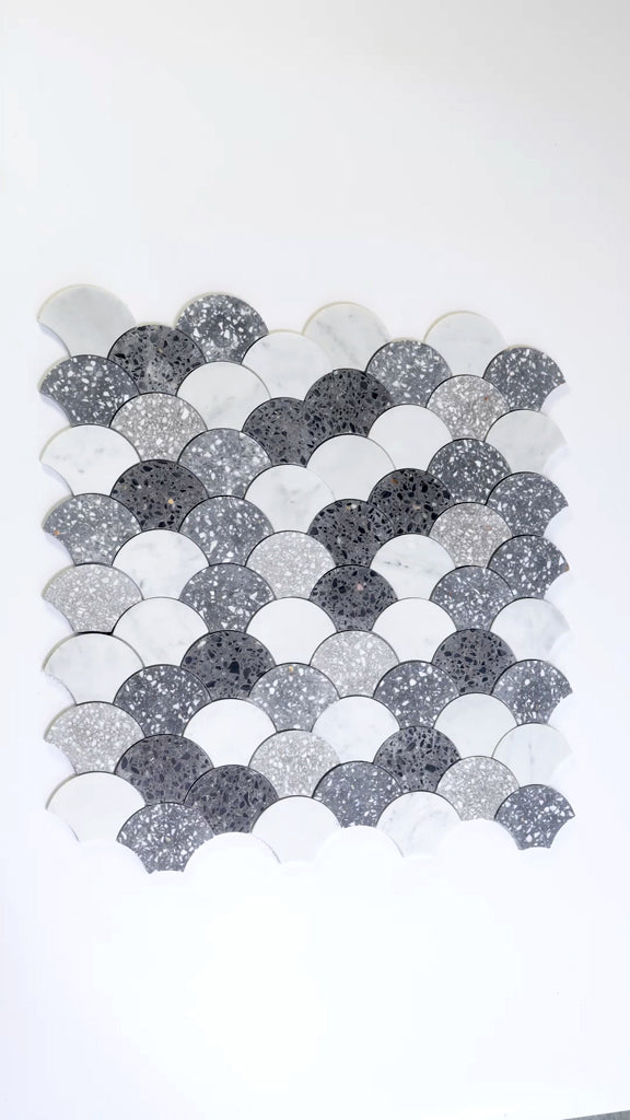 Stellare 12 in. x 12 in. Honed White and Gray Terrazzo, Marble Mosaic Fan, Fish Scale Wall and Floor Tile (5 sq ft/case) - 5 Pack