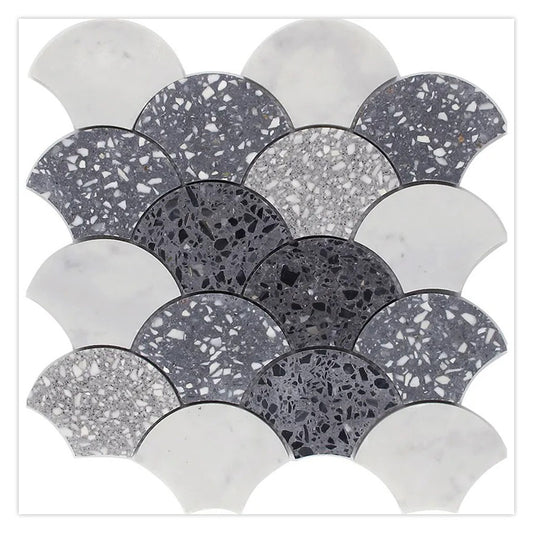 Stellare 12 in. x 12 in. Honed White and Gray Terrazzo, Marble Mosaic Fan, Fish Scale Wall and Floor Tile (5 sq ft/case) - 5 Pack