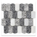 white charcoal gray terrazzo and Carrara marble picket mosaic tile sheet with honed matte finish
