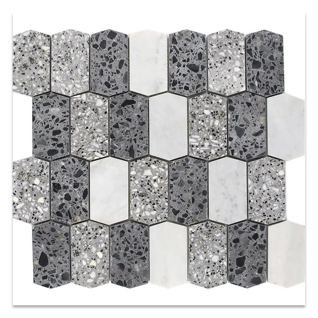 Stellare 11.4 in. x 13.4 in. Honed White and Charcoal Gray Terrazzo, Marble Mosaic Picket Wall and Floor Tile (5.3 sq ft/case) - 5 Pack