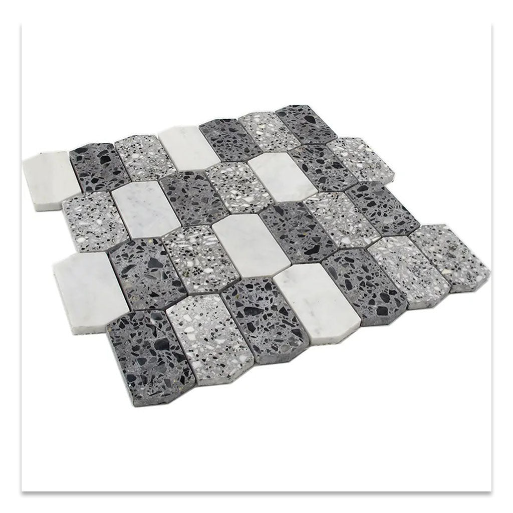 Stellare 11.4 in. x 13.4 in. Honed White and Charcoal Gray Terrazzo, Marble Mosaic Picket Wall and Floor Tile (5.3 sq ft/case) - 5 Pack