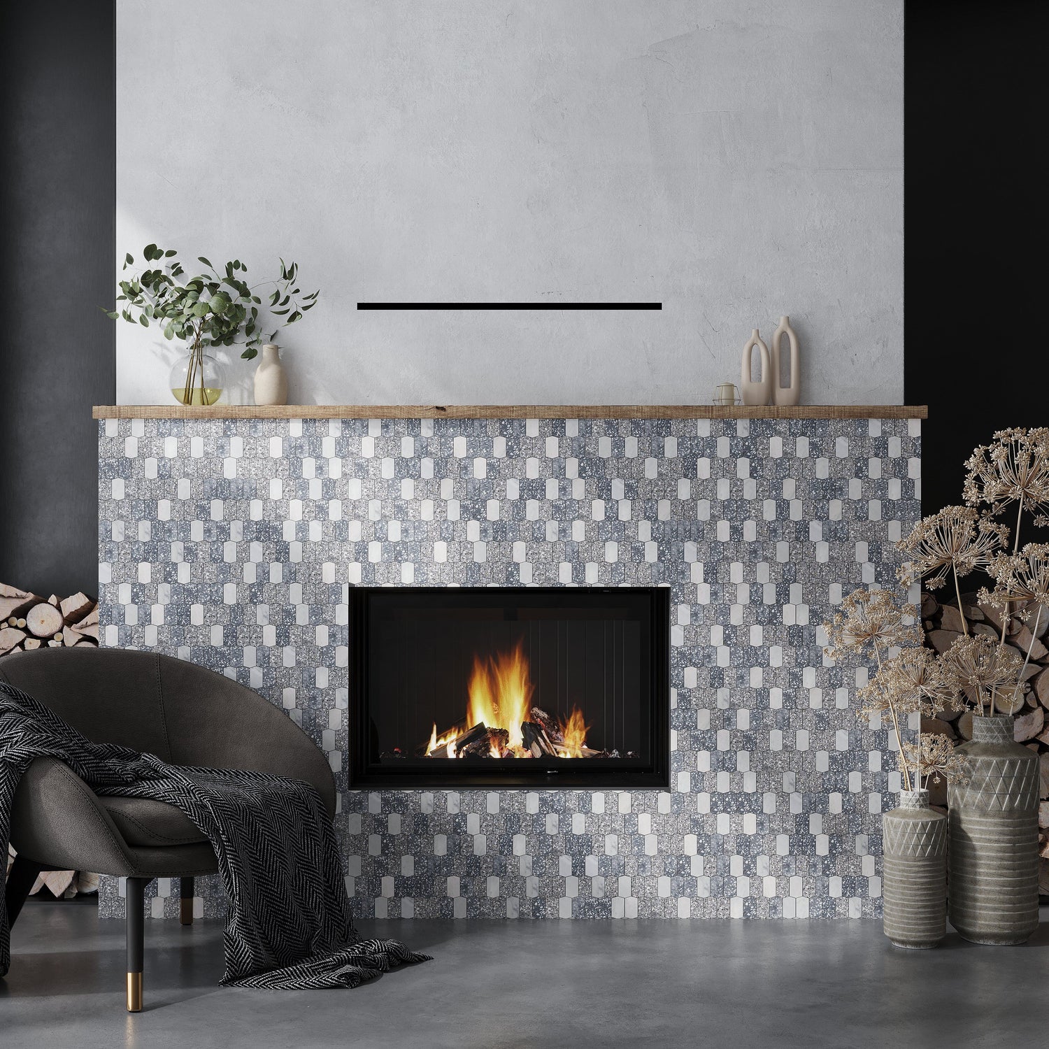 White Charcoal Gray 11x13 Honed Picket Terrazzo Carrara Marble Mosaic Tile (5 pack, 5.3 sq ft/case)