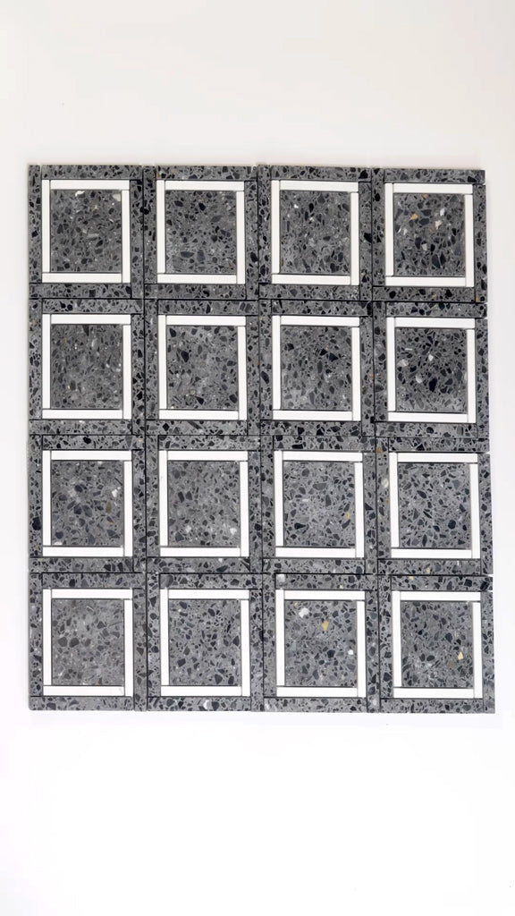 Stellare 12 in. x 12 in. Honed Charcoal Gray and White Terrazzo, Marble Mosaic Square Wall and Floor Tile (5 sq ft/case) - 5 Pack