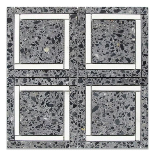 Stellare 12 in. x 12 in. Honed Charcoal Gray and White Terrazzo, Marble Mosaic Square Wall and Floor Tile (5 sq ft/case) - 5 Pack