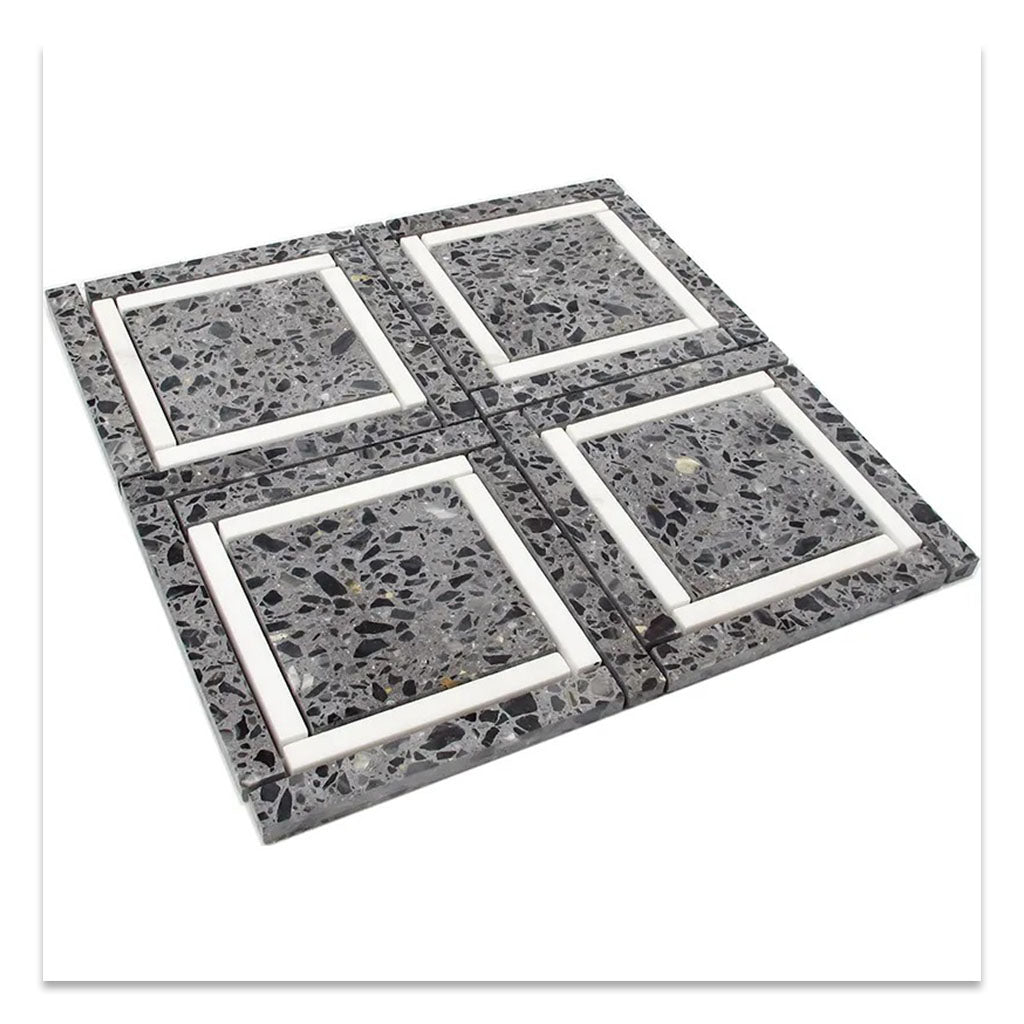 Stellare 12 in. x 12 in. Honed Charcoal Gray and White Terrazzo, Marble Mosaic Square Wall and Floor Tile (5 sq ft/case) - 5 Pack