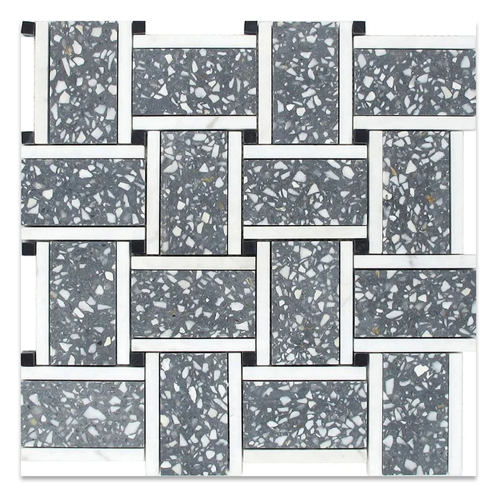 Stellare 12.1 in. x 12.1 in. Honed Charcoal Gray and White Terrazzo, Marble Mosaic Basketweave Wall and Floor Tile (5.08 sq ft/case) - 5 Pack