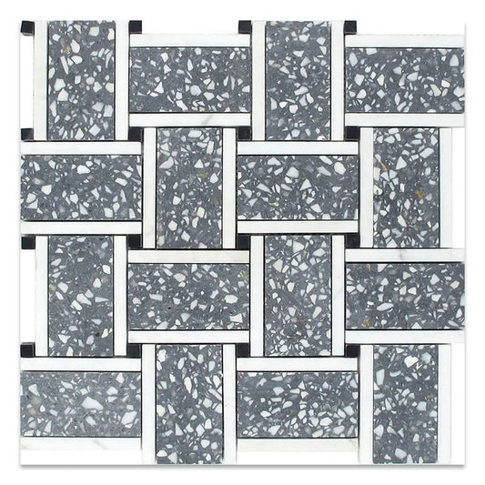 Stellare 12.1 in. x 12.1 in. Honed Charcoal Gray and White Terrazzo, Marble Mosaic Basketweave Wall and Floor Tile (5.08 sq ft/case) - 5 Pack