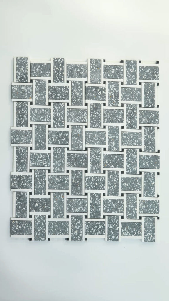 Stellare 12.1 in. x 12.1 in. Honed Charcoal Gray and White Terrazzo, Marble Mosaic Basketweave Wall and Floor Tile (5.08 sq ft/case) - 5 Pack