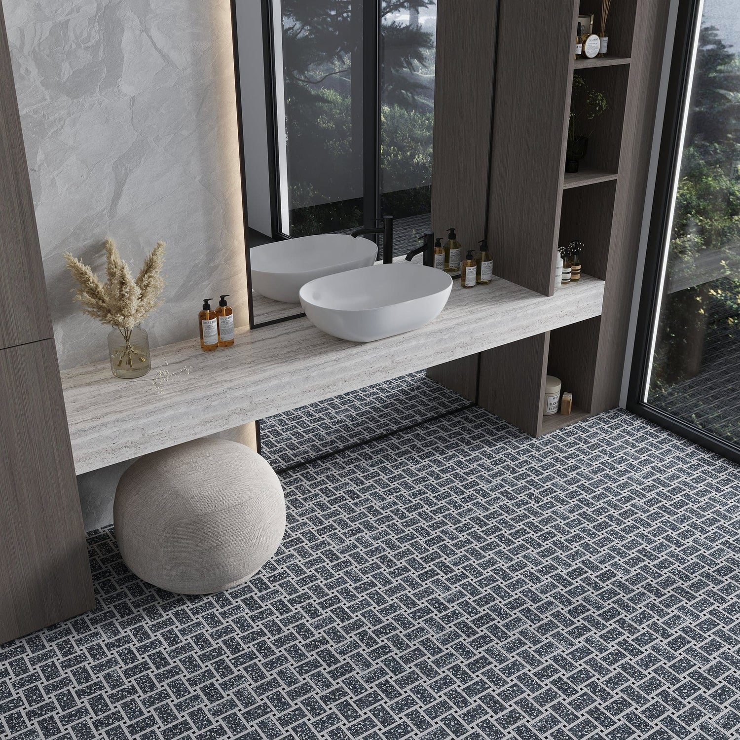 Charcoal Gray White 12x12 Honed Basketweave Terrazzo Marble Mosaic Tile (5 pack, 5.08 sq ft/case) - Sample