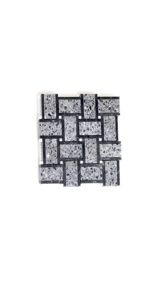 Stellare 12.1 in. x 12.1 in. Honed Charcoal Gray and Black Terrazzo, Marble Mosaic Basketweave Wall and Floor Tile (5.08 sq ft/case) - 5 Pack