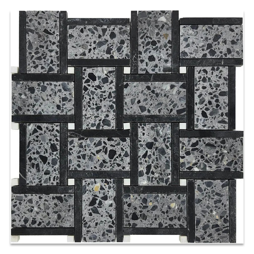 Stellare 12.1 in. x 12.1 in. Honed Charcoal Gray and Black Terrazzo, Marble Mosaic Basketweave Wall and Floor Tile (5.08 sq ft/case) - 5 Pack