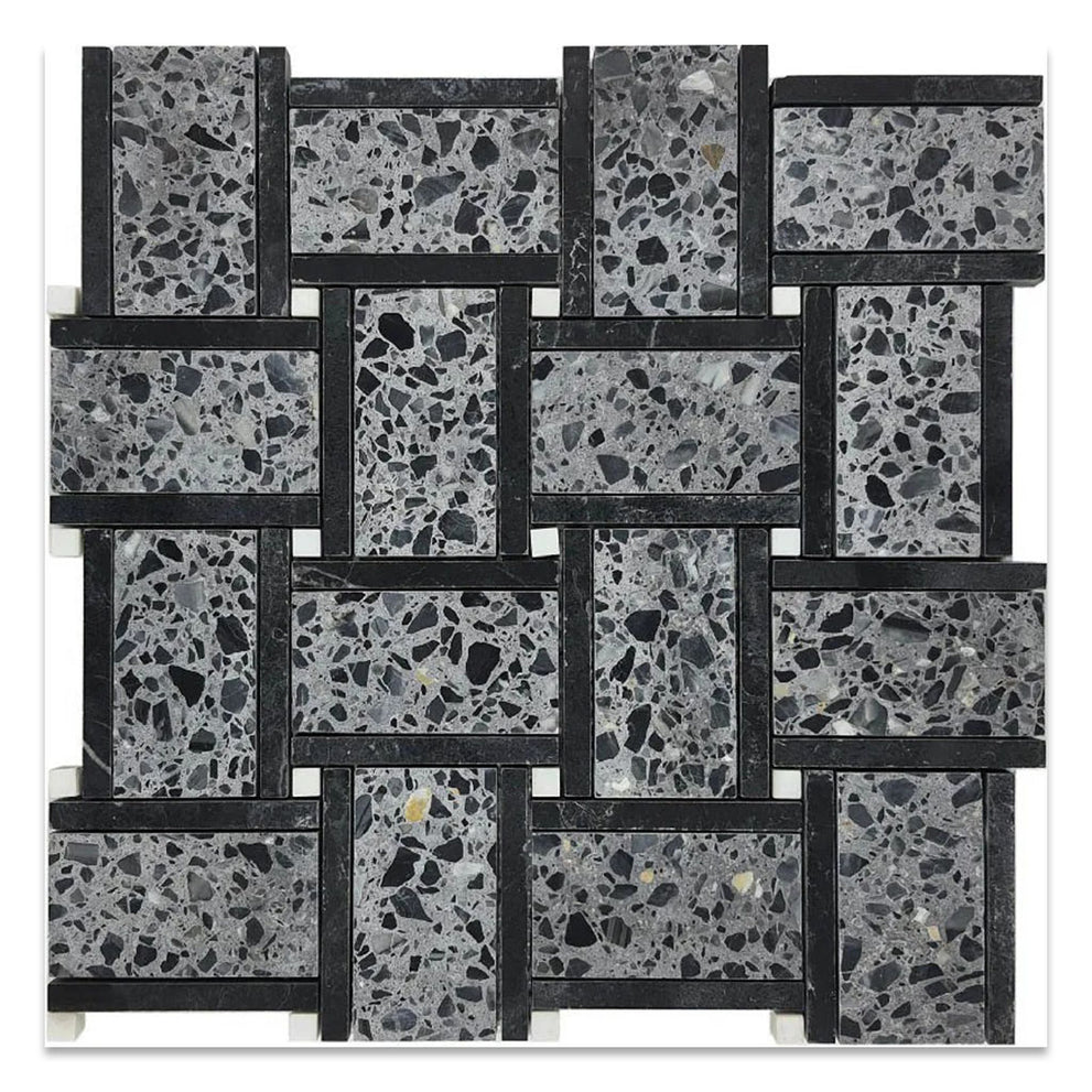 Charcoal gray and black honed terrazzo and marble mosaic tile in a basket weave pattern