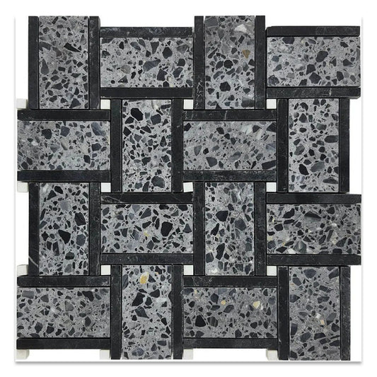 Terrazzo Dolomite, Black Limestone 12 x 12 Honed Marble Mosaic Tile