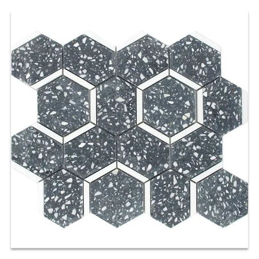 Stellare 10.5 in. x 12 in. Honed Charcoal Gray and White Terrazzo, Marble Mosaic Hexagon Wall and Floor Tile (4.38 sq ft/case) - 5 Pack