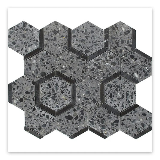 Charcoal Gray Black 11x12 Honed Hexagon Terrazzo Marble Mosaic Tile (5 pack, 4.38 sq ft/case) - Sample