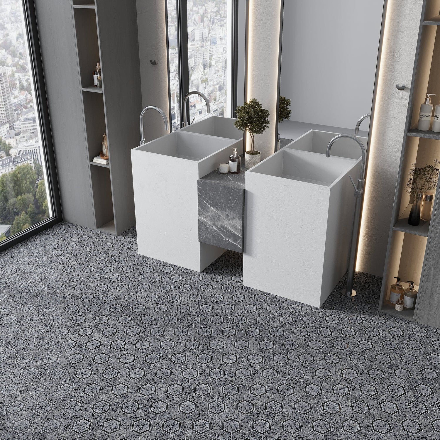 Charcoal Gray Black 11x12 Honed Hexagon Terrazzo Limestone Marble Mosaic Tile (5 pack, 4.38 sq ft/case)
