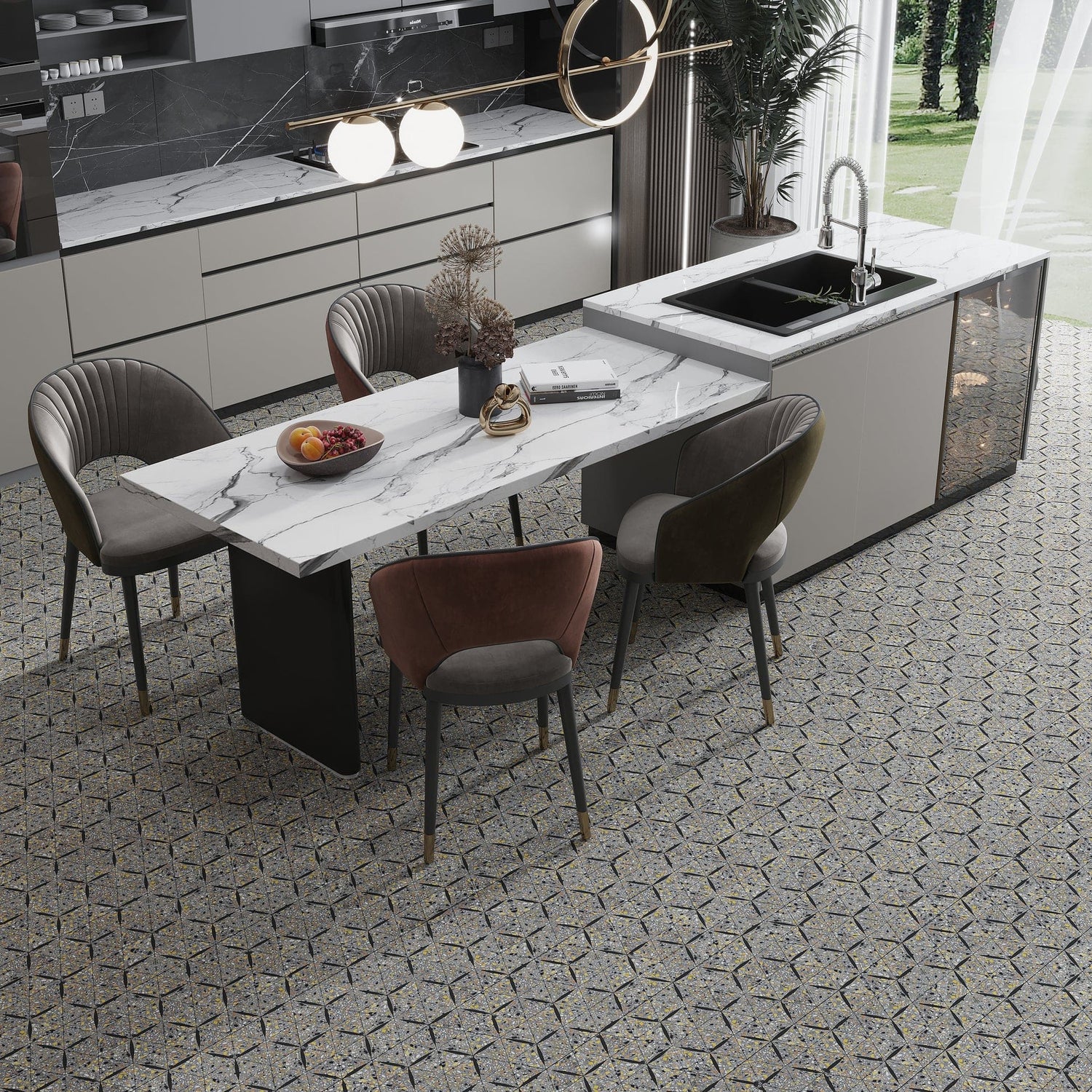 Charcoal Gray Black 11x13 Honed Triangle Terrazzo Limestone Marble Mosaic Tile (5 pack, 4.77 sq ft/case)