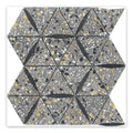 Charcoal gray and black triangular terrazzo mosaic tile with gold and white flecks in honed finish