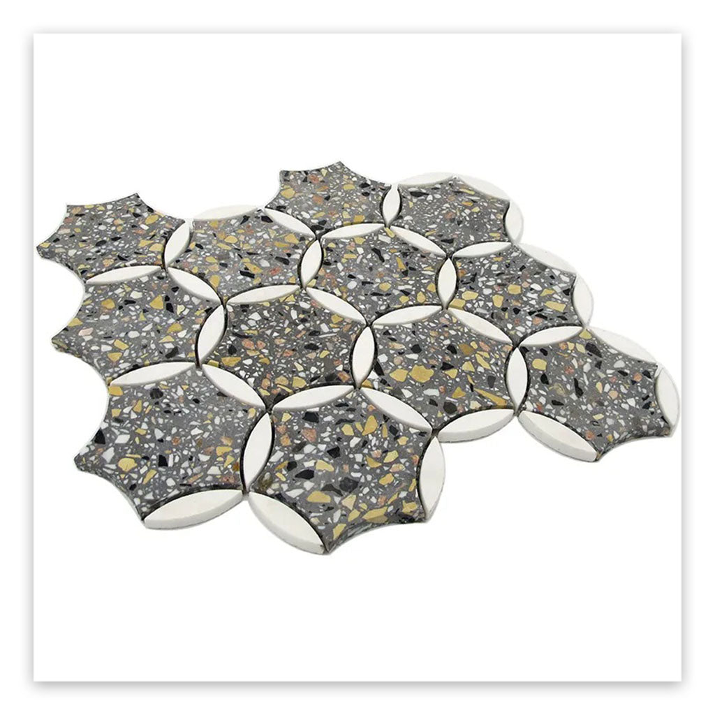 Stellare 11.65 in. x 13.5 in. Honed Gray and White Terrazzo, Marble Mosaic Star, Round Wall and Floor Tile (5.46 sq ft/case) - 5 Pack