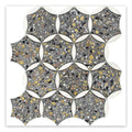 Gray and white star-shaped honed terrazzo marble mosaic tile with multicolor flecks in petal pattern