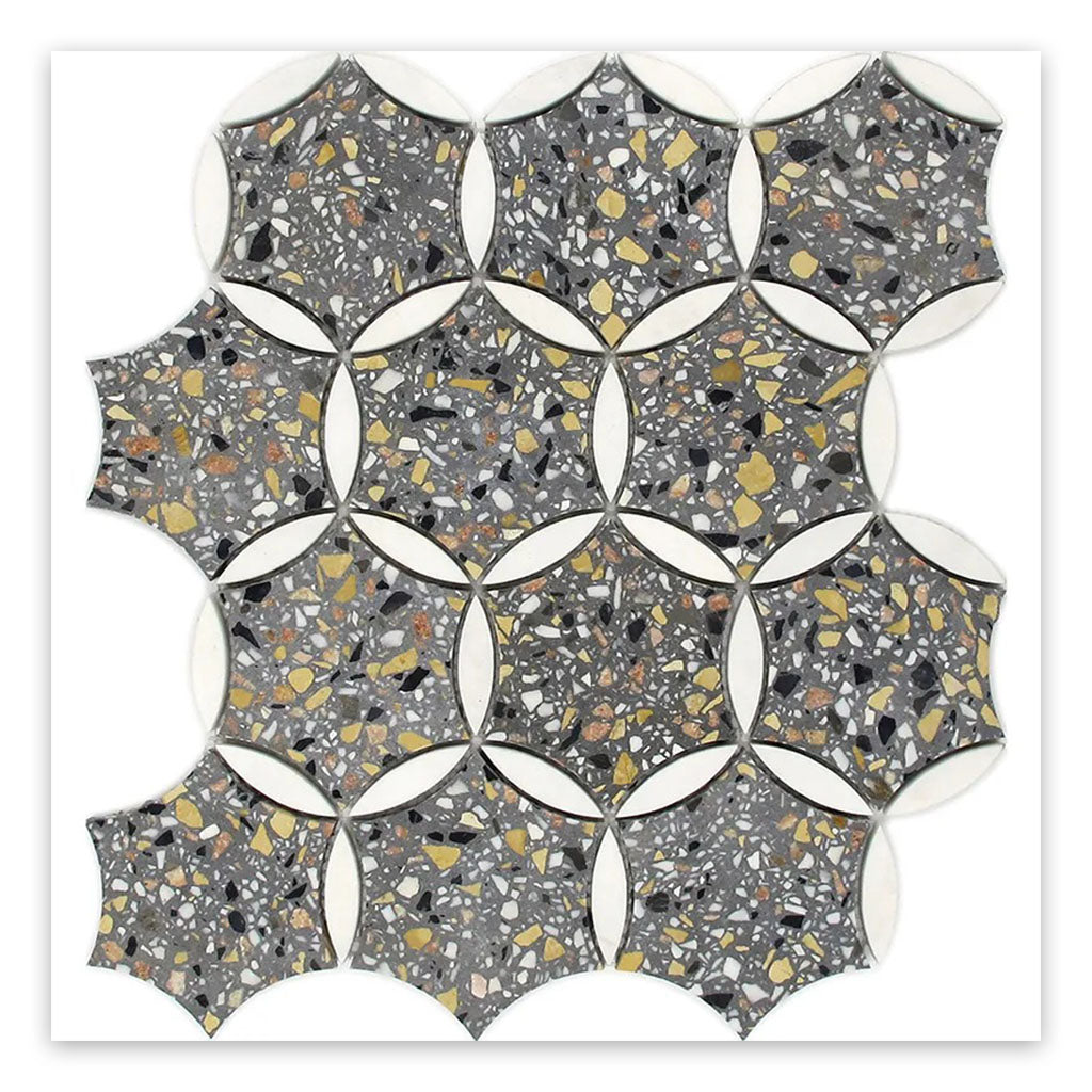 Stellare 11.65 in. x 13.5 in. Honed Gray and White Terrazzo, Marble Mosaic Star, Round Wall and Floor Tile (5.46 sq ft/case) - 5 Pack