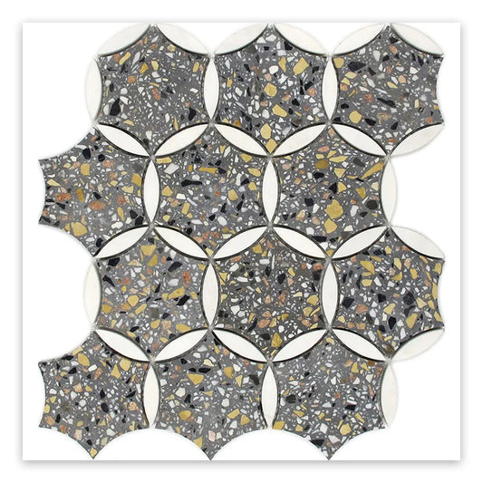 Stellare 11.65 in. x 13.5 in. Honed Gray and White Terrazzo, Marble Mosaic Star, Round Wall and Floor Tile (5.46 sq ft/case) - 5 Pack