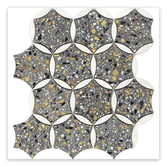 Sample-Gray White 12x13 Honed Star Round Terrazzo Dolomite Marble Mosaic Tile (5 pack, 5.46 sq ft/case)