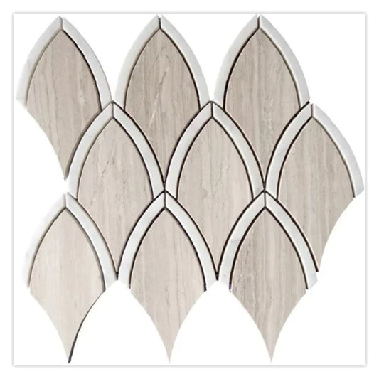 Elysian 9 in. x 9.6 in. Polished Wooden Beige and White Marble Mosaic Fan, Fish Scale Wall and Floor Tile (3 sq ft/case) - 5 Pack