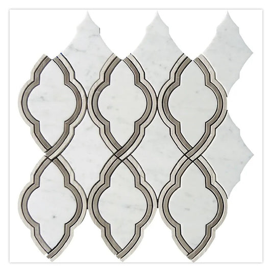 Elysian 13.8 in. x 14.6 in. Polished White and Wooden Gray Marble Mosaic Arabesque Wall and Floor Tile (7 sq ft/case) - 5 Pack