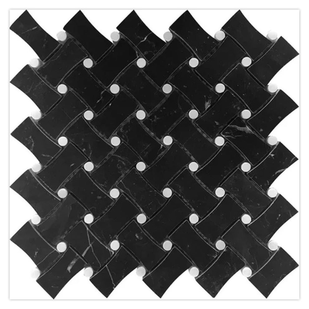 Modern black fireplace wall in Eastern black and white honed basketweave marble mosaic tile