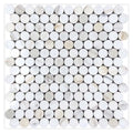 Polished white and gray marble round mosaic tile sheet with subtle natural veining