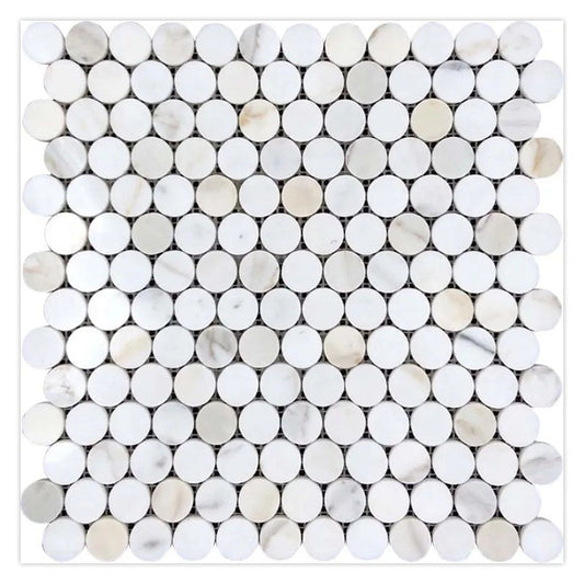 Serena 11.2 in. x 11.5 in. Polished White Gray Marble Mosaic Penny Round Wall and Floor Tile (4.47 sq ft/case) - 5 Pack