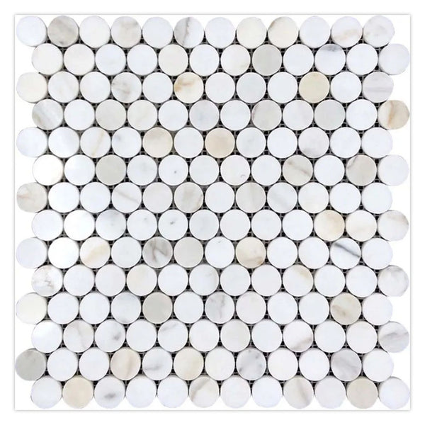 Serena 11.2 in. x 11.5 in. Polished White Gray Marble Mosaic Penny Rou ...