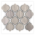 polished arabesque mosaic tile with soft white and wooden grey marble tones and intricate geometric pattern