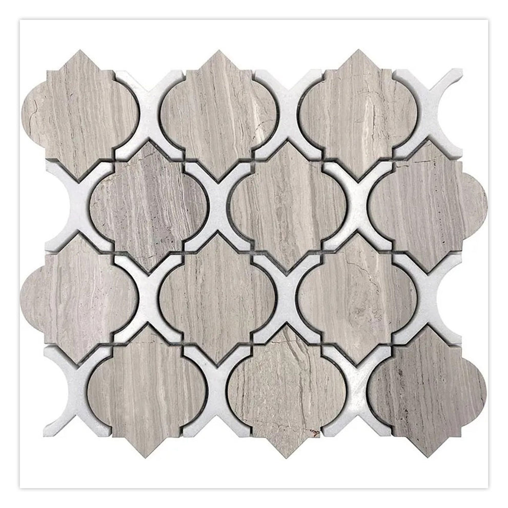 Small bathroom design ideas in Thassos white and wooden grey marble mosaic tile
