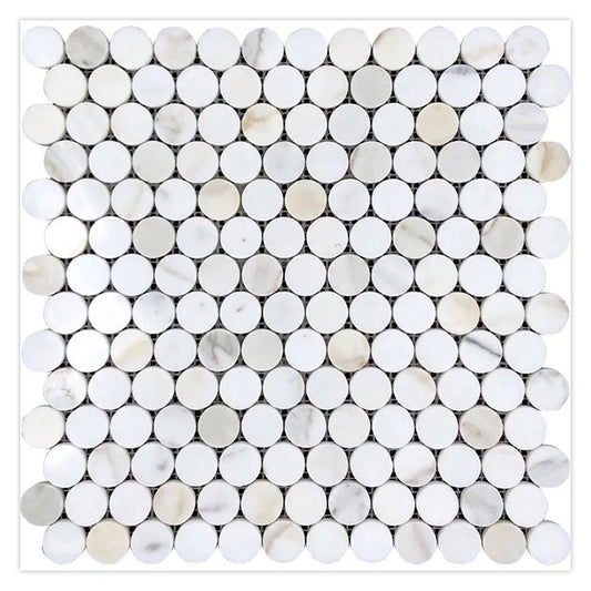 White Gray 11x12 Penny Round Polished Marble Mosaic Tile (5 pack, 4.47 sq ft/case) - Sample