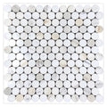 Polished white and gray Calacatta Gold marble mosaic tile sheet with round chip design
