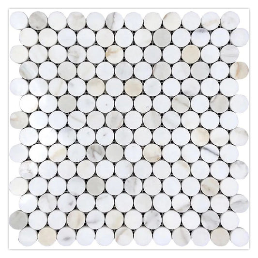 Serena 11.2 in. x 11.5 in. Polished White Gray Marble Mosaic Penny Round Wall and Floor Tile (4.47 sq ft/case) - 5 Pack