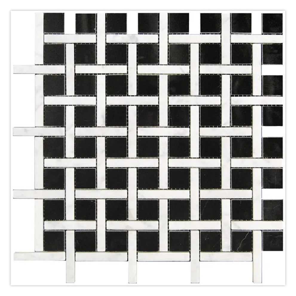 Basketweave tile pattern in Eastern Black White Polished Marble Mosaic Tile
