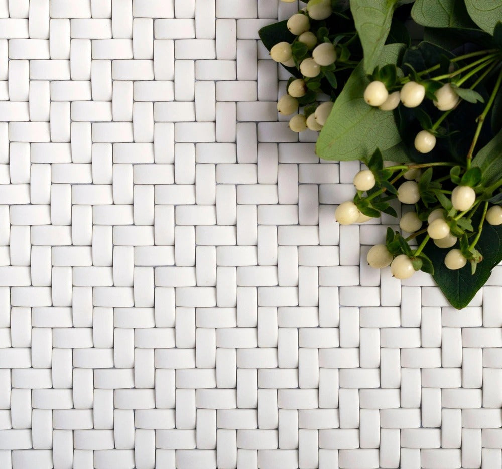 Chiffon White 12x12 Matte Recycled Glass Basketweave Mosaic tile (5 pack, 4.79 sq. ft./case) - Sample
