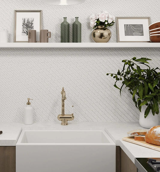 Sample-Chiffon White 12x12 Matte Recycled Glass Basketweave Mosaic tile (5 pack, 4.79 sq ft/case)